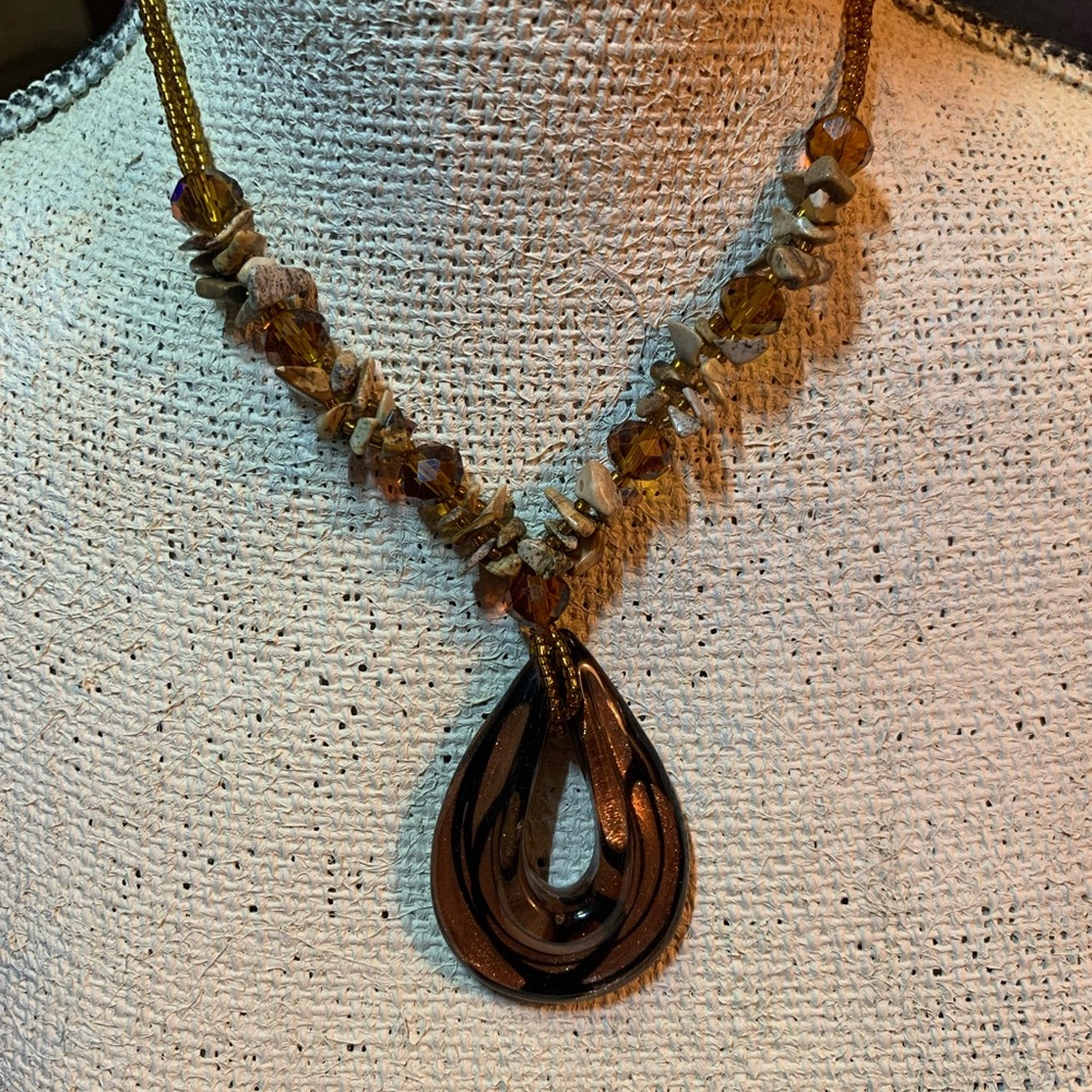 Glitter bronze glass Pendent on 2 strand stone and beaded necklace